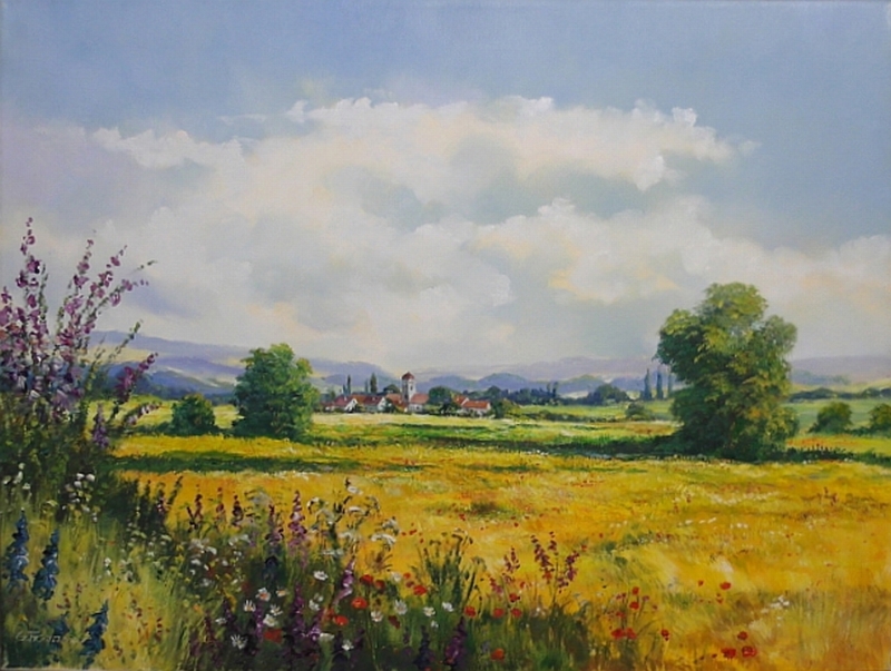 GÜNTHER FRÜHMESSER: Landschaft mit Blumen und Dorf